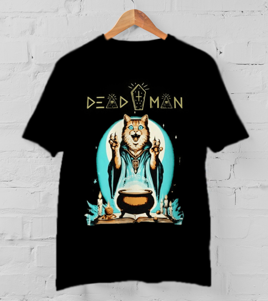 Wizard Cat Casting Spell With Cauldron And Candles Dead Man T-Shirt