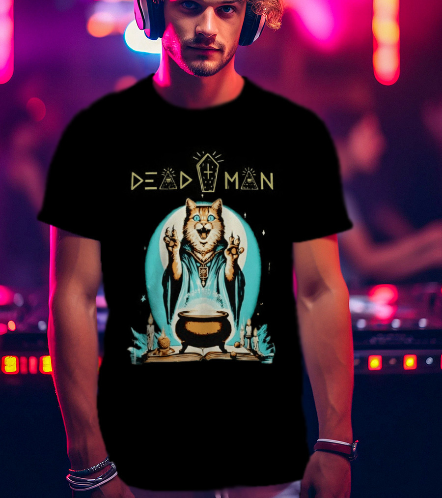 Wizard Cat Casting Spell With Cauldron And Candles Dead Man T-Shirt