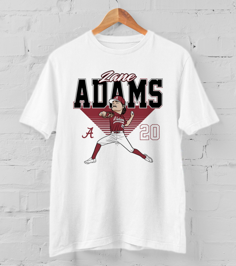 Zane Adams 20 Alabama Crimson Tide Baseball Caricature Player Pitching T-Shirt