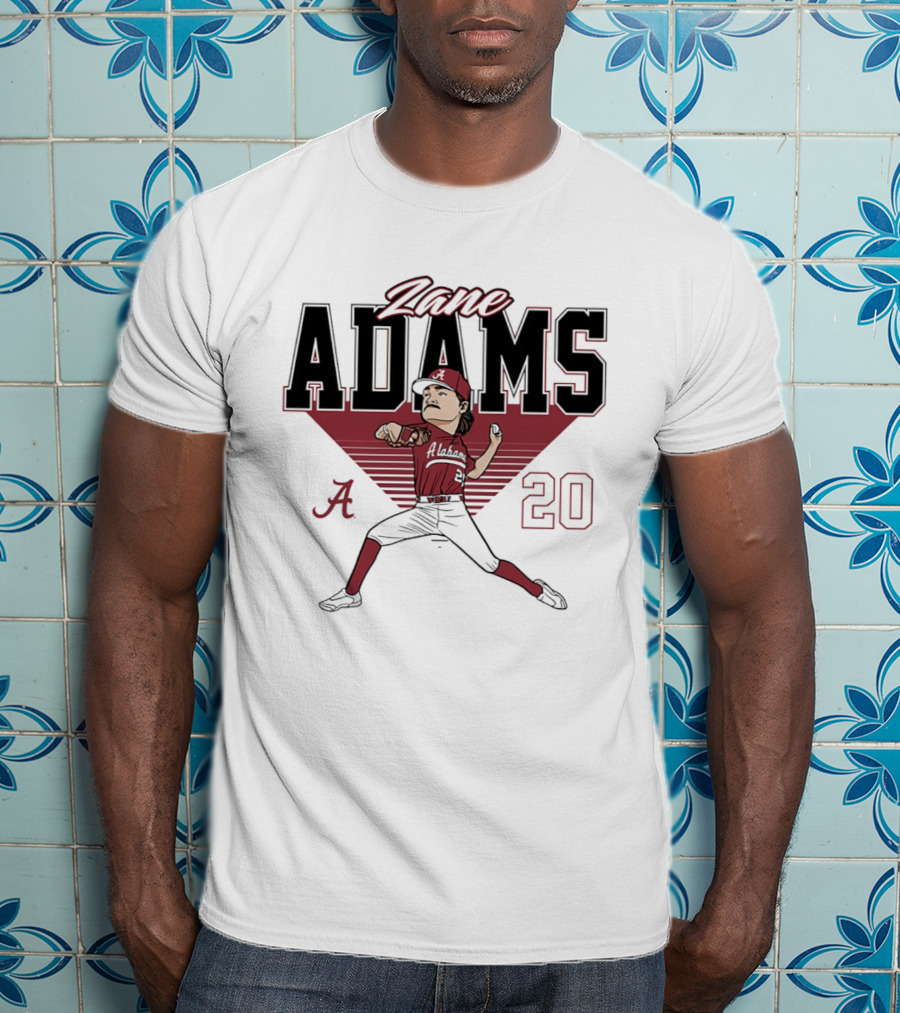 Zane Adams 20 Alabama Crimson Tide Baseball Caricature Player Pitching T-Shirt