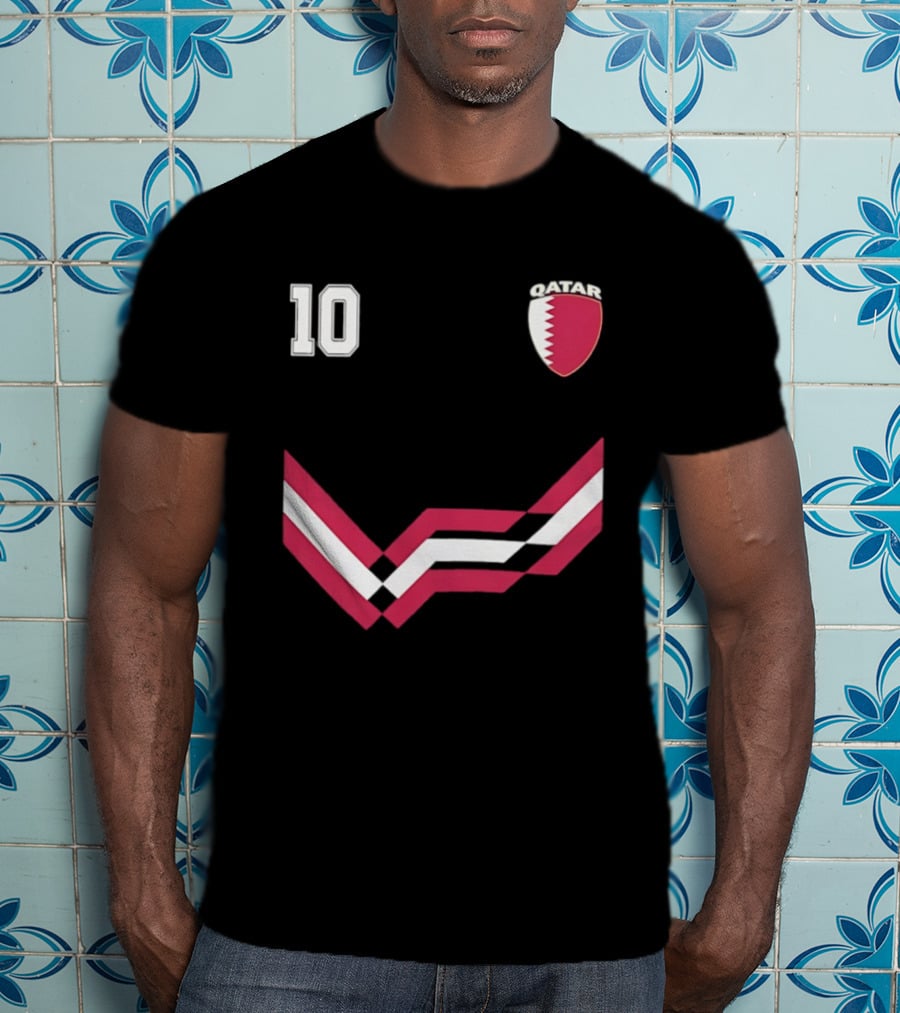 Akram Afif Qatar 10 Soccer Badge Red Chevron T-Shirt