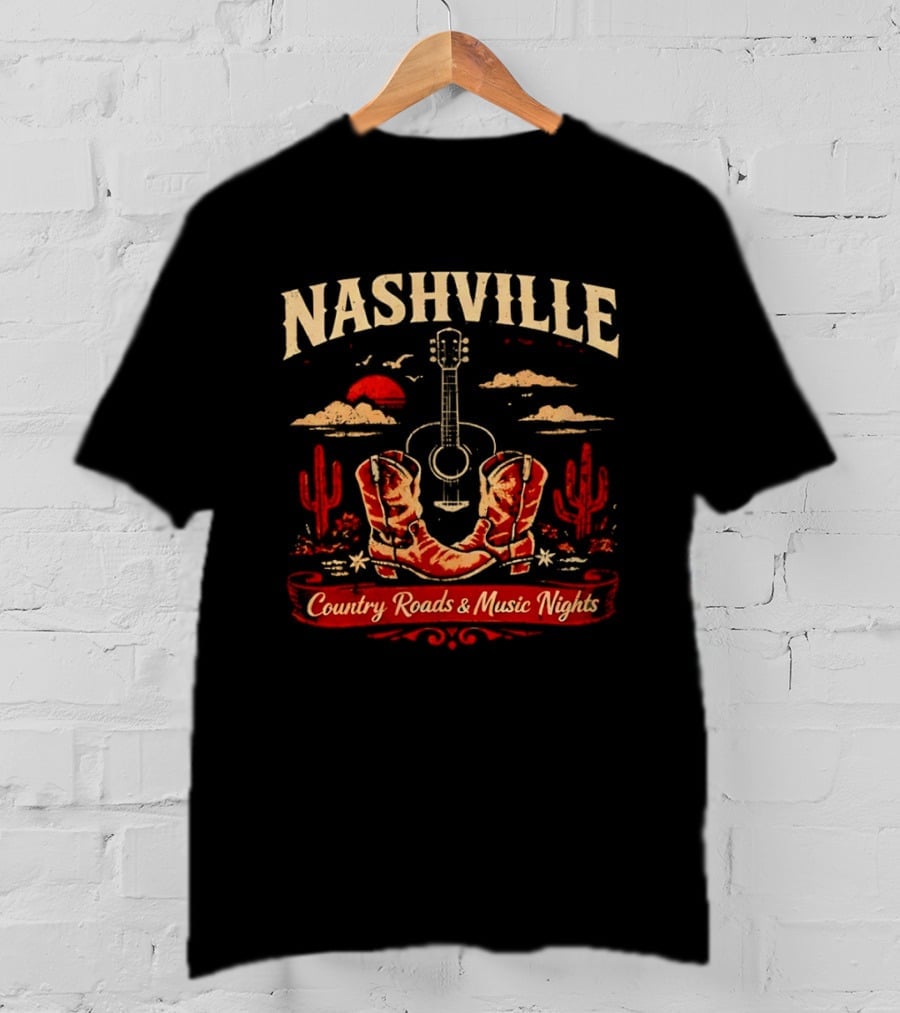 Nashville Country Roads Music Nights Boots Guitar Desert Cactus Moon Clouds T-Shirt