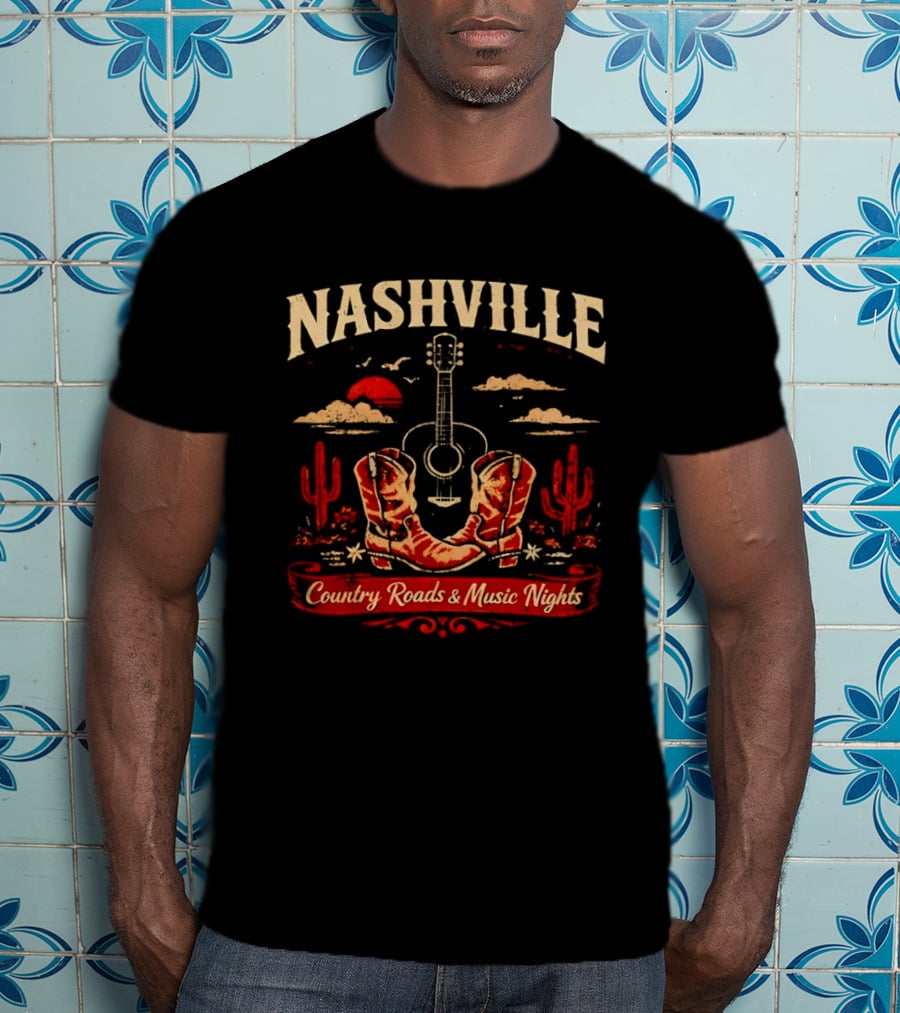 Nashville Country Roads Music Nights Boots Guitar Desert Cactus Moon Clouds T-Shirt