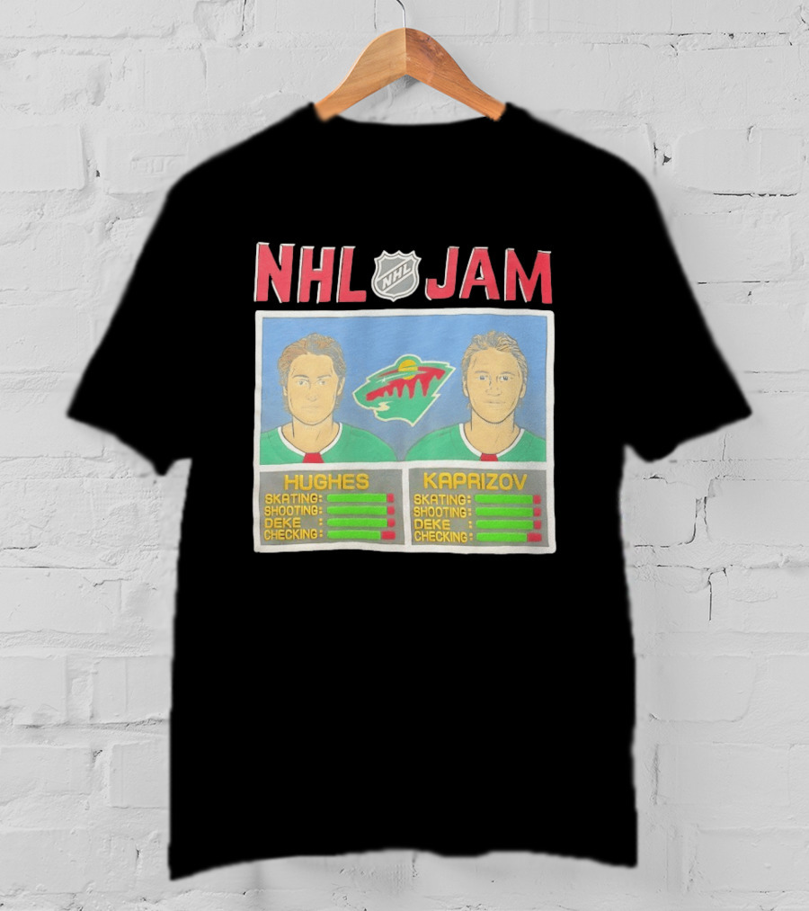 NHL Jam Hughes Kaprizov Minnesota Wild Skating Shooting Deke Checking T-Shirt