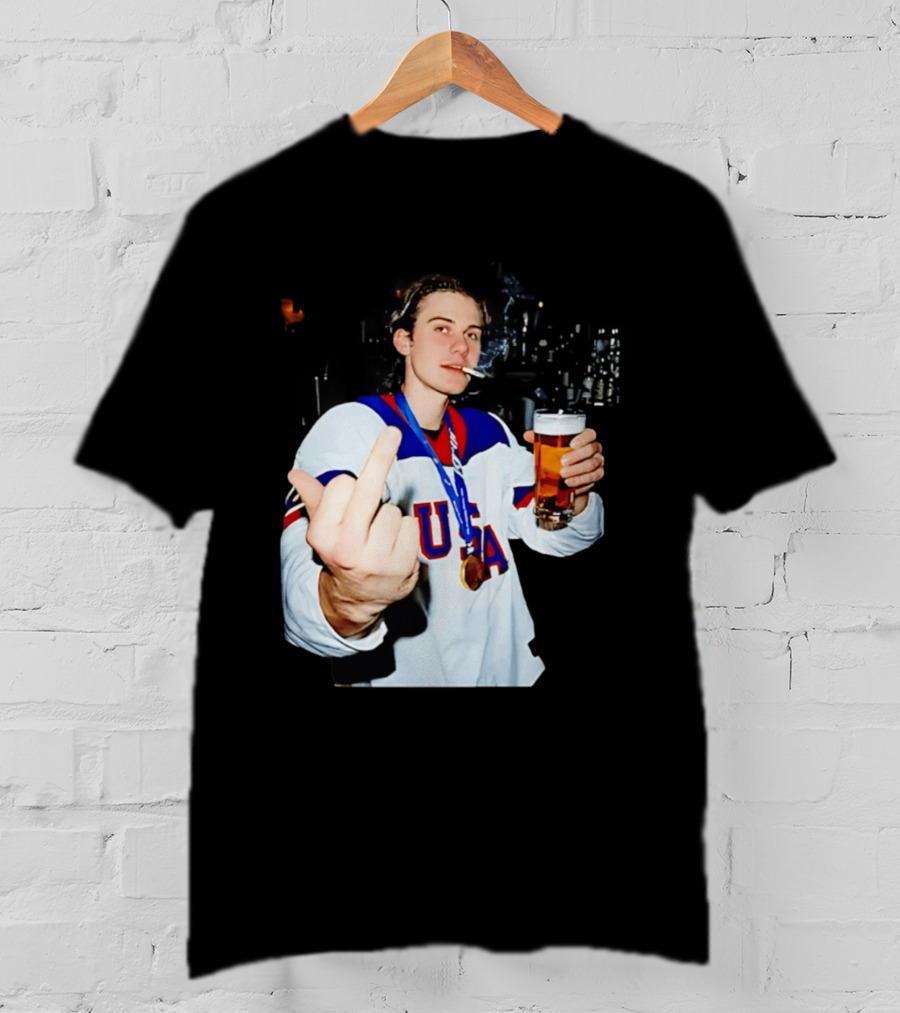 USA Hockey Player Victory Celebration Smoking Beer Middle Finger T-Shirt
