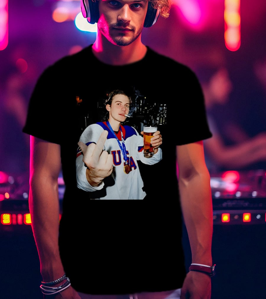 USA Hockey Player Victory Celebration Smoking Beer Middle Finger T-Shirt