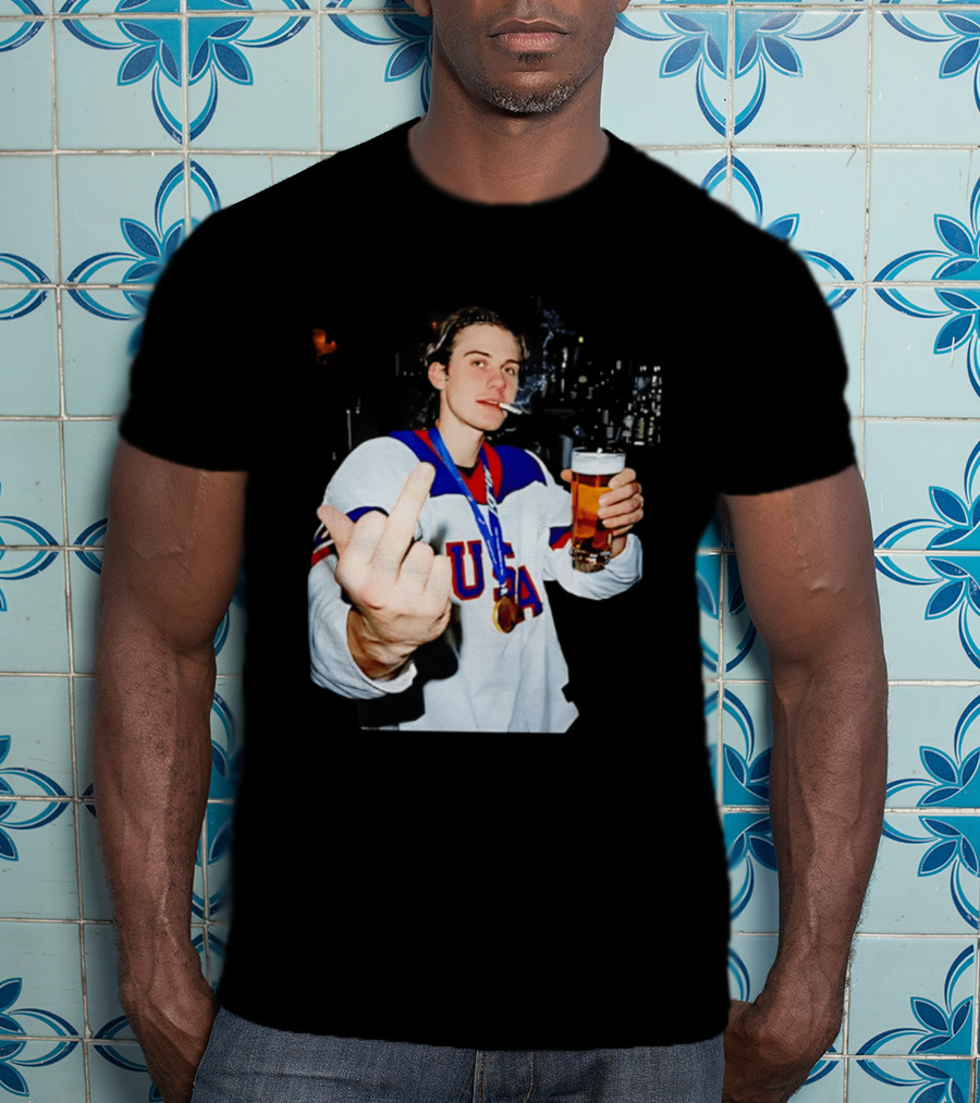 USA Hockey Player Victory Celebration Smoking Beer Middle Finger T-Shirt