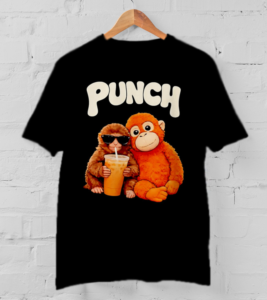 PUNCH Brown Monkey With Orange Plush And Iced Drink T-Shirt