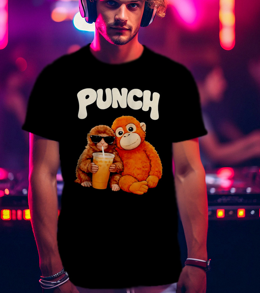 PUNCH Brown Monkey With Orange Plush And Iced Drink T-Shirt
