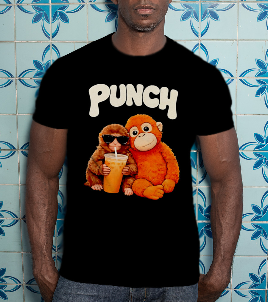 PUNCH Brown Monkey With Orange Plush And Iced Drink T-Shirt