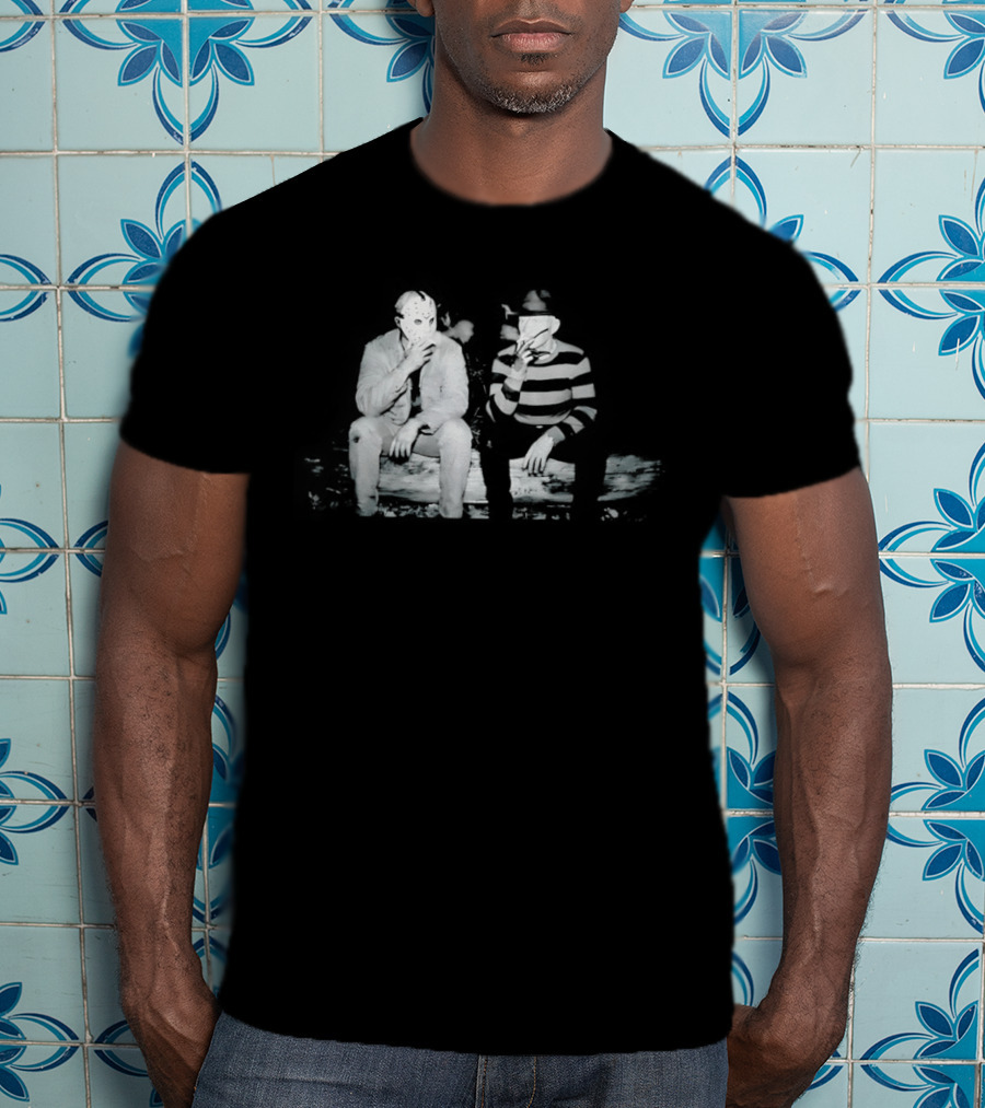 Jason Voorhees Freddy Krueger Smoking On Log Retro Horror Movie T-Shirt