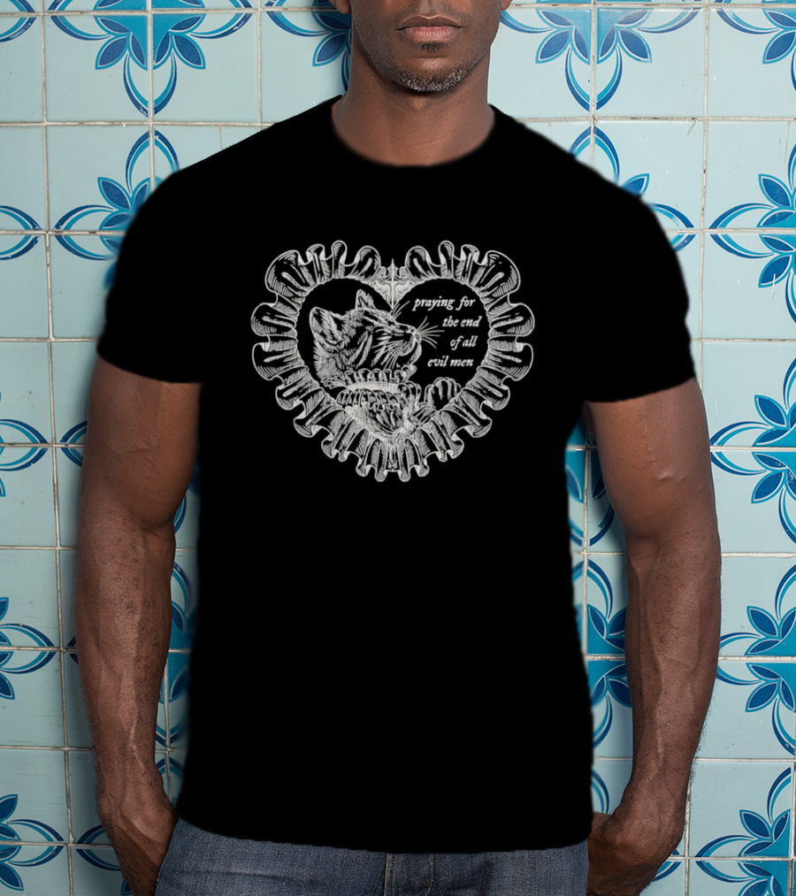 Cat Praying For The End Of All Evil Men Heart Shape T-Shirt