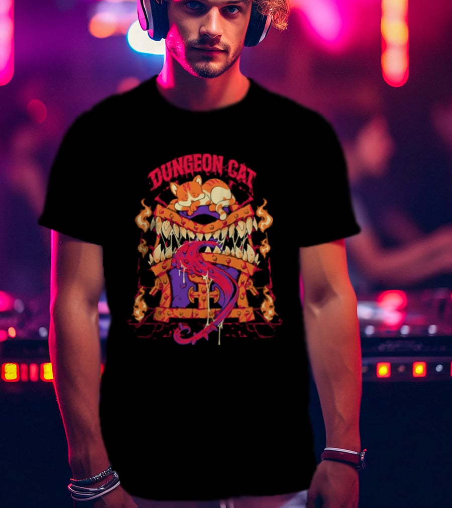 Dungeon Cat Sleeping On Monstrous Chest Surrounded By Flames And Tentacles T-Shirt
