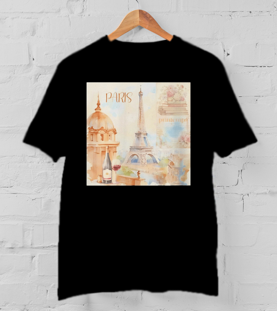 Paris Printemps Eiffel Tower Wine Flowers Books T-Shirt
