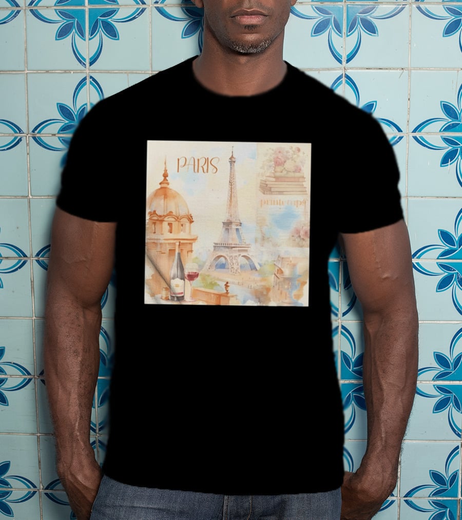 Paris Printemps Eiffel Tower Wine Flowers Books T-Shirt