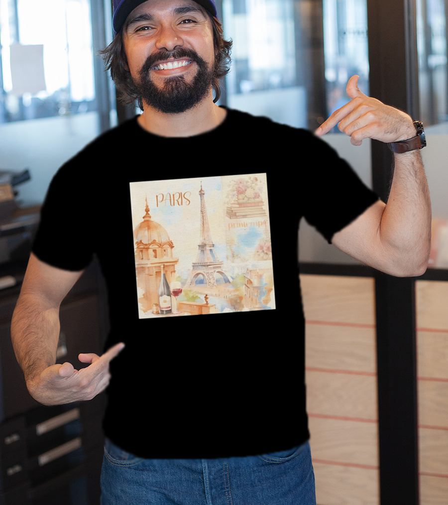 Paris Printemps Eiffel Tower Wine Flowers Books T-Shirt
