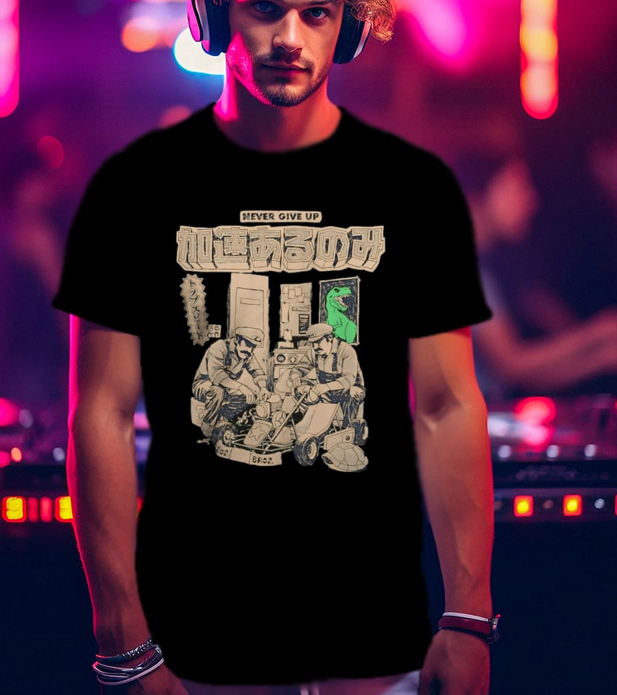 Mario Luigi Never Give Up Japanese Text Kart Fixing Brothers T-Shirt