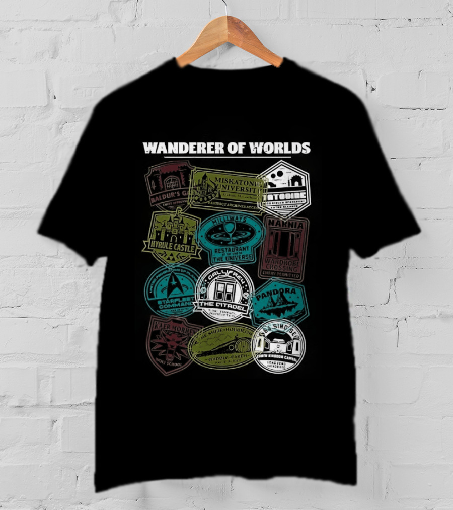 Wanderer Of Worlds Travelers Interdimensional Passport Stamps Portal Adventures T-Shirt