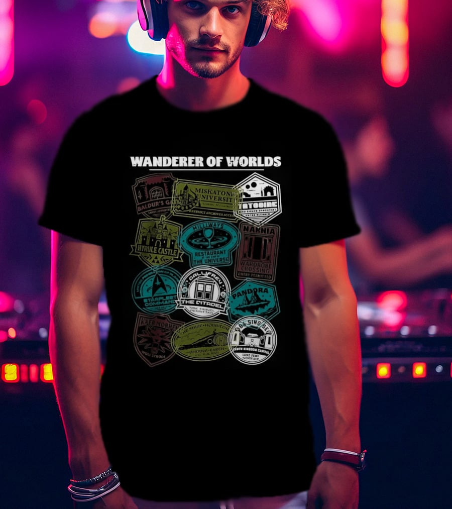 Wanderer Of Worlds Travelers Interdimensional Passport Stamps Portal Adventures T-Shirt