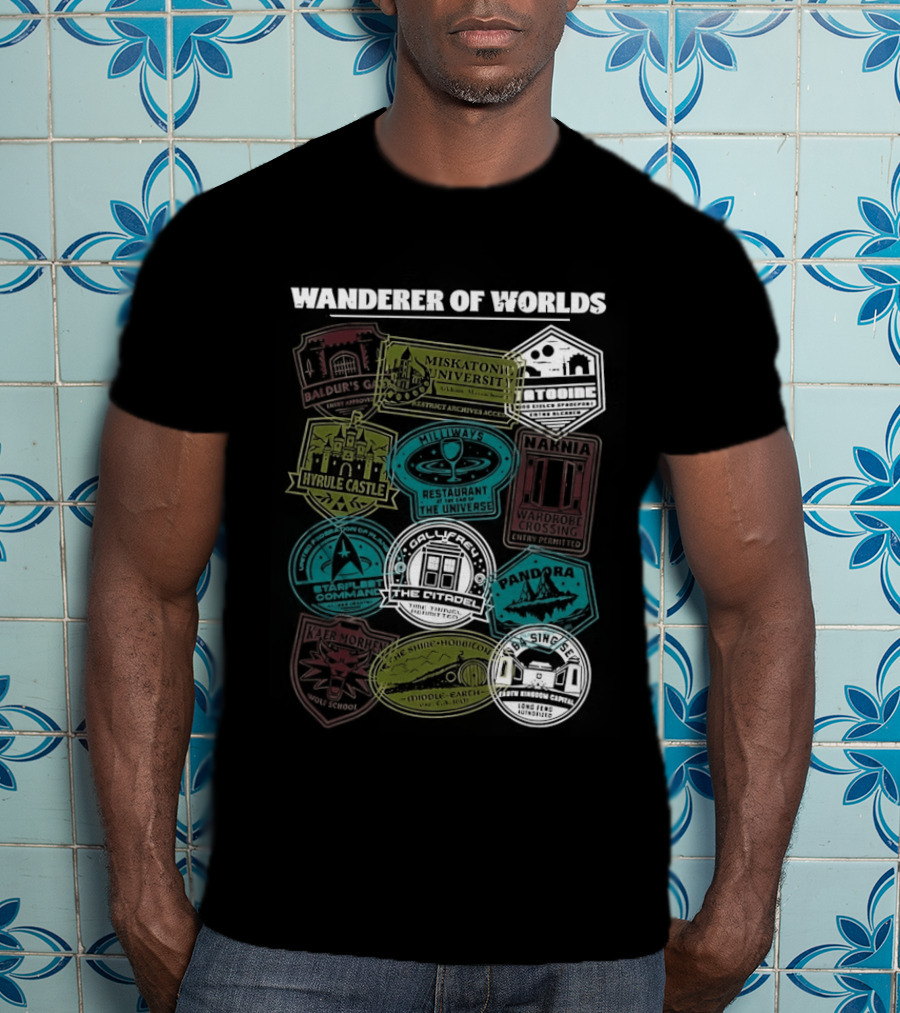 Wanderer Of Worlds Travelers Interdimensional Passport Stamps Portal Adventures T-Shirt