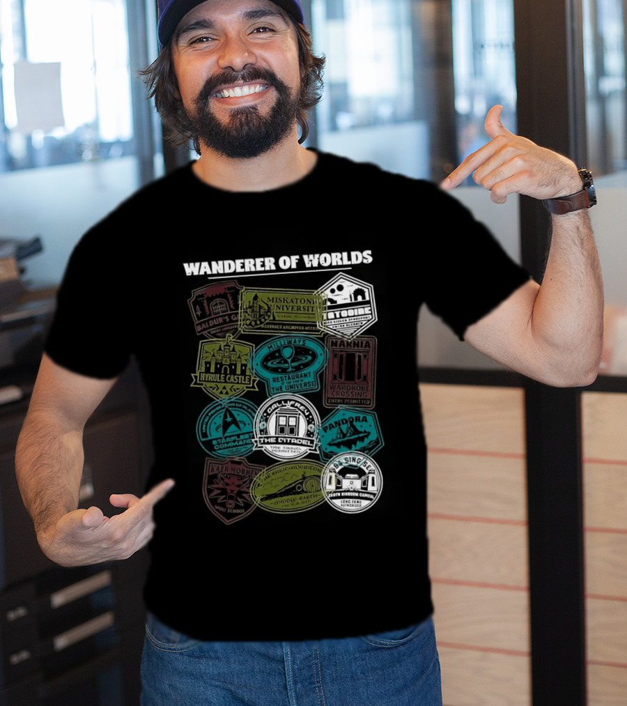 Wanderer Of Worlds Travelers Interdimensional Passport Stamps Portal Adventures T-Shirt