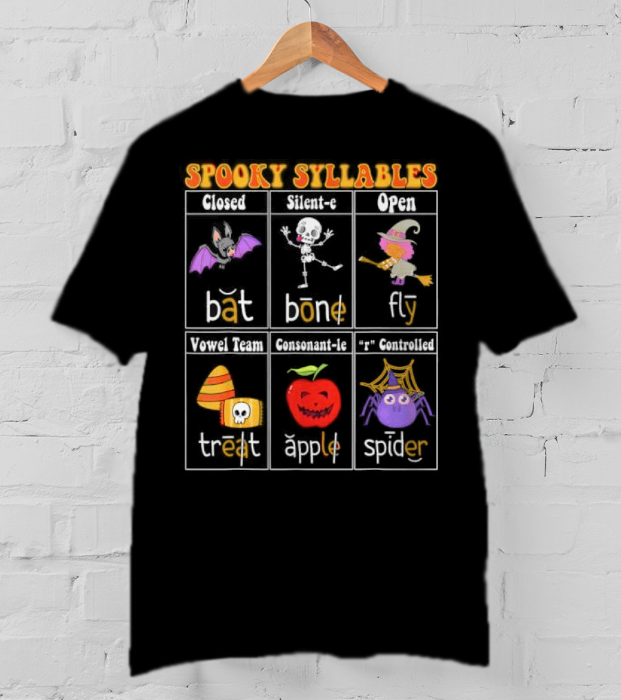 Spooky Syllables Bat Bone Fly Trick Treat Apple Spider Halloween Educational Teacher T-Shirt