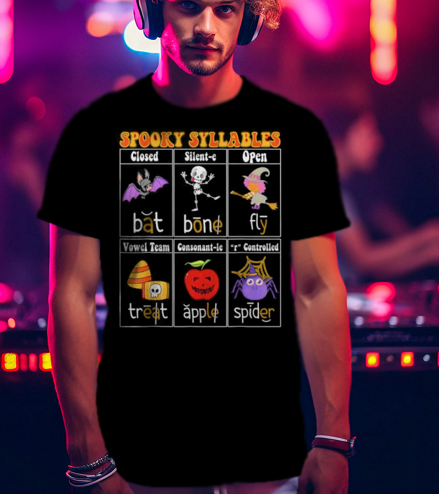 Spooky Syllables Bat Bone Fly Trick Treat Apple Spider Halloween Educational Teacher T-Shirt