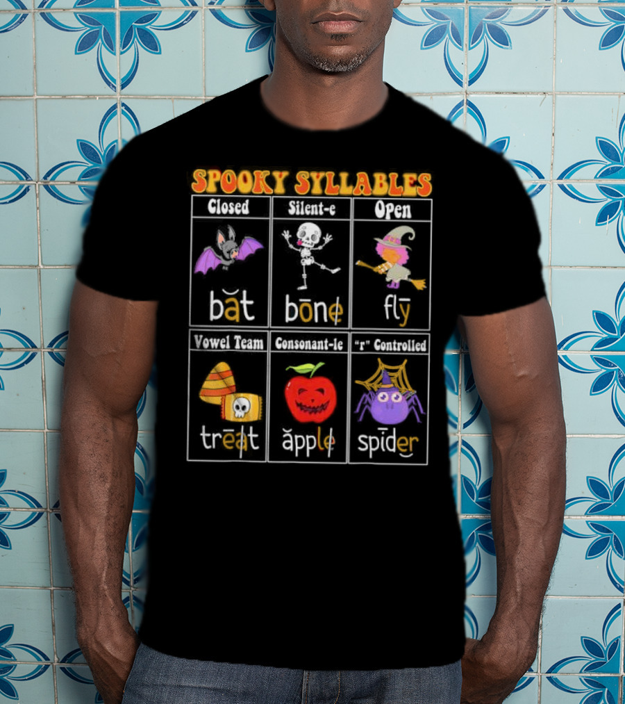 Spooky Syllables Bat Bone Fly Trick Treat Apple Spider Halloween Educational Teacher T-Shirt