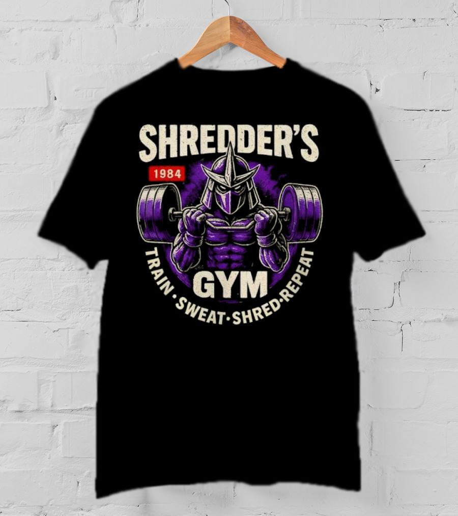Shredder's 1984 Gym Train Sweat Shred Repeat Ninja Warrior Fitness T-Shirt
