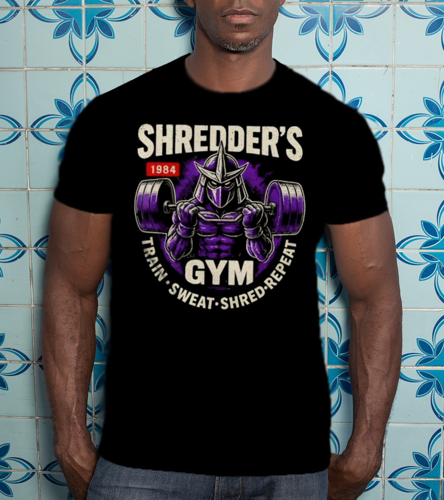 Shredder's 1984 Gym Train Sweat Shred Repeat Ninja Warrior Fitness T-Shirt