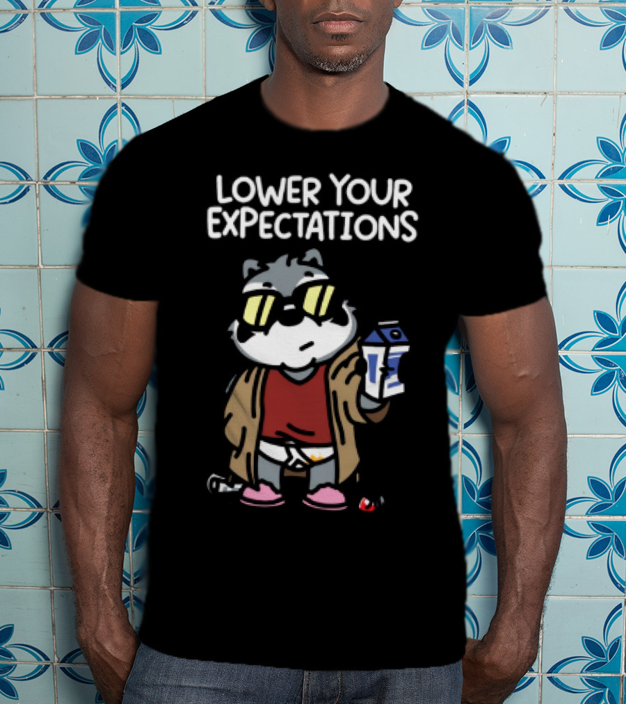 Lower Your Expectations Cool Cat Cartoon In Sunglasses With Milk T-Shirt