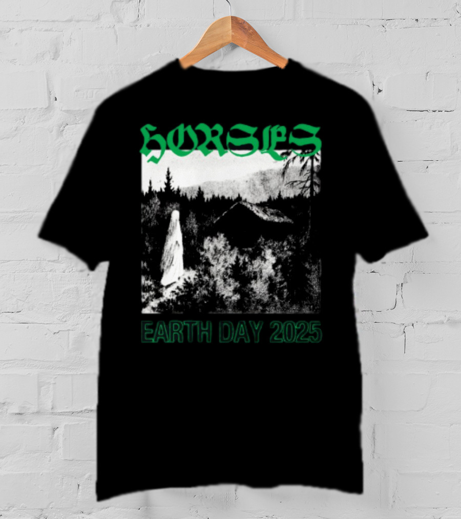 Horses Earth Day 2025 Ghostly Forest Cabin Scene T-Shirt