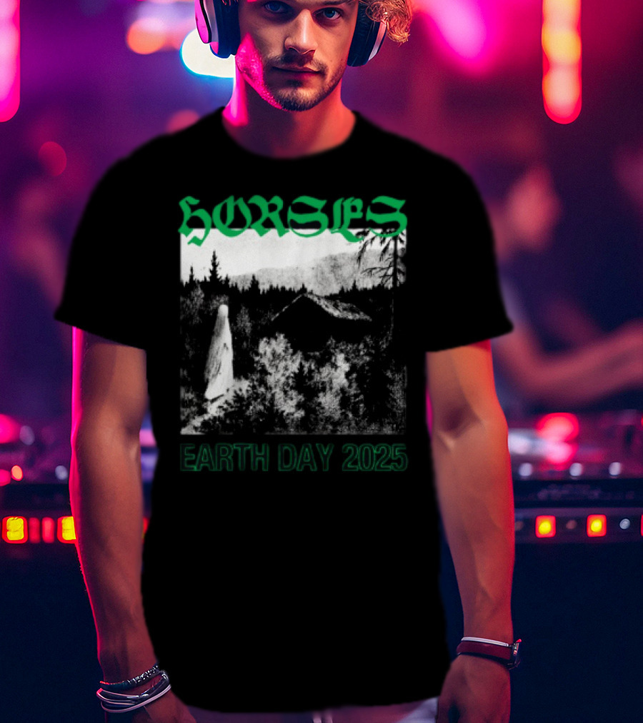 Horses Earth Day 2025 Ghostly Forest Cabin Scene T-Shirt