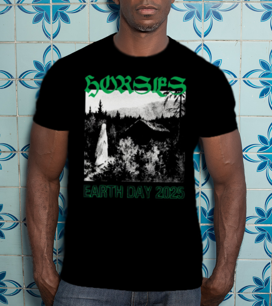 Horses Earth Day 2025 Ghostly Forest Cabin Scene T-Shirt