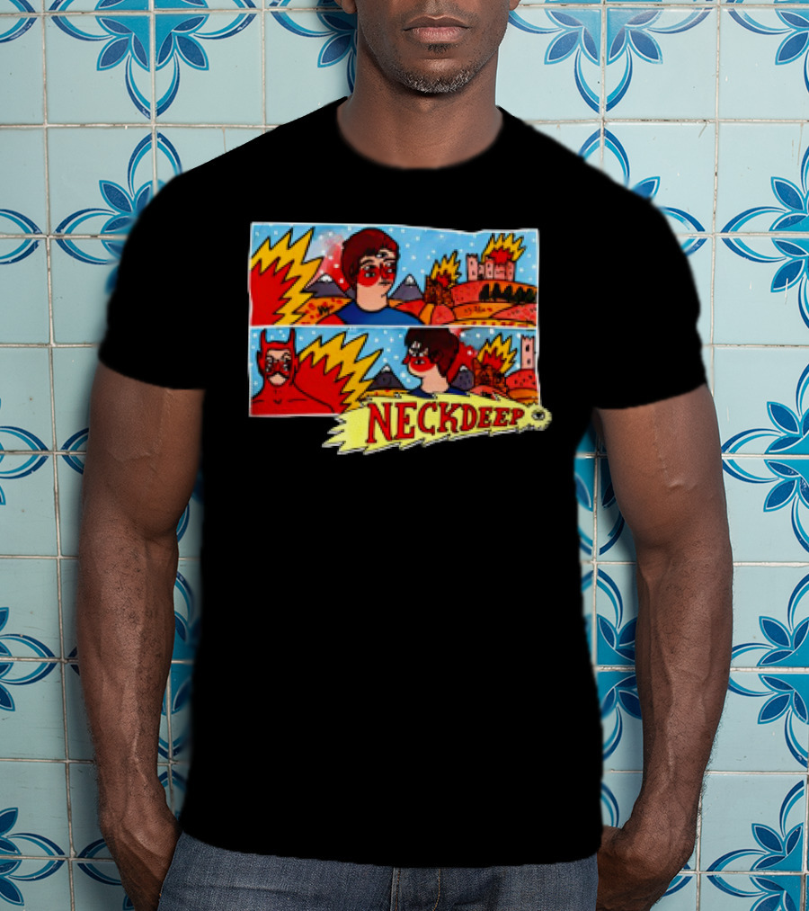 Neck Deep 10 Year Anniversary Comic Style Superhero Scene T-Shirt
