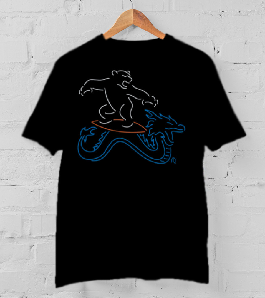 Neon Surfing Polar Bear Riding Dragon Waves T-Shirt