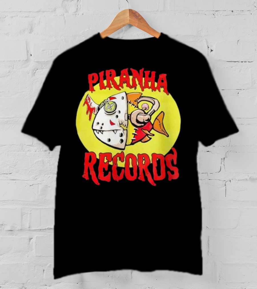 Piranha Records Cartoon Fish Bite Graphic T-Shirt