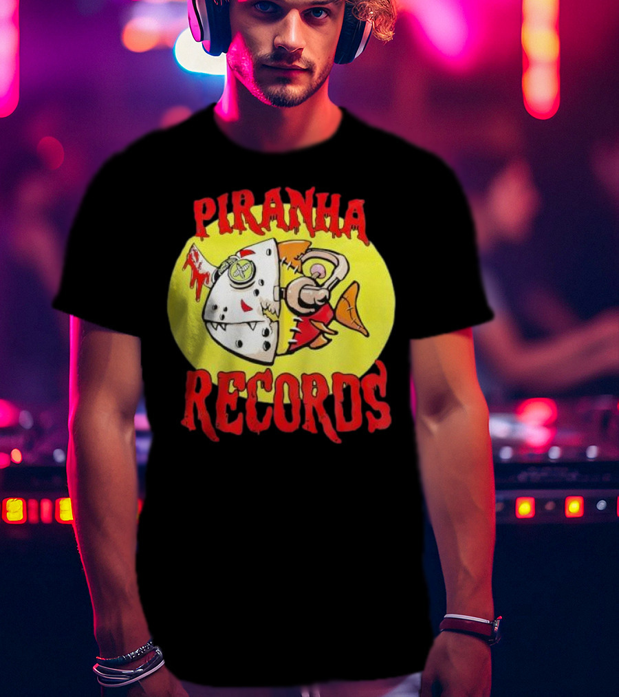 Piranha Records Cartoon Fish Bite Graphic T-Shirt