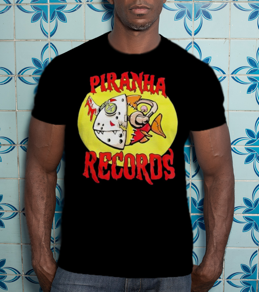 Piranha Records Cartoon Fish Bite Graphic T-Shirt