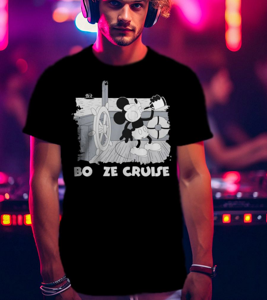 Booze Cruise Cartoon Character With On Vintage Sailing Scene T-Shirt