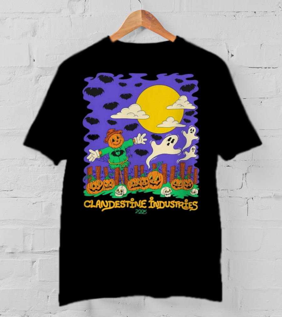 Clandestine Industries 2005 Halloween Scarecrow Ghosts Pumpkins Bats T-Shirt
