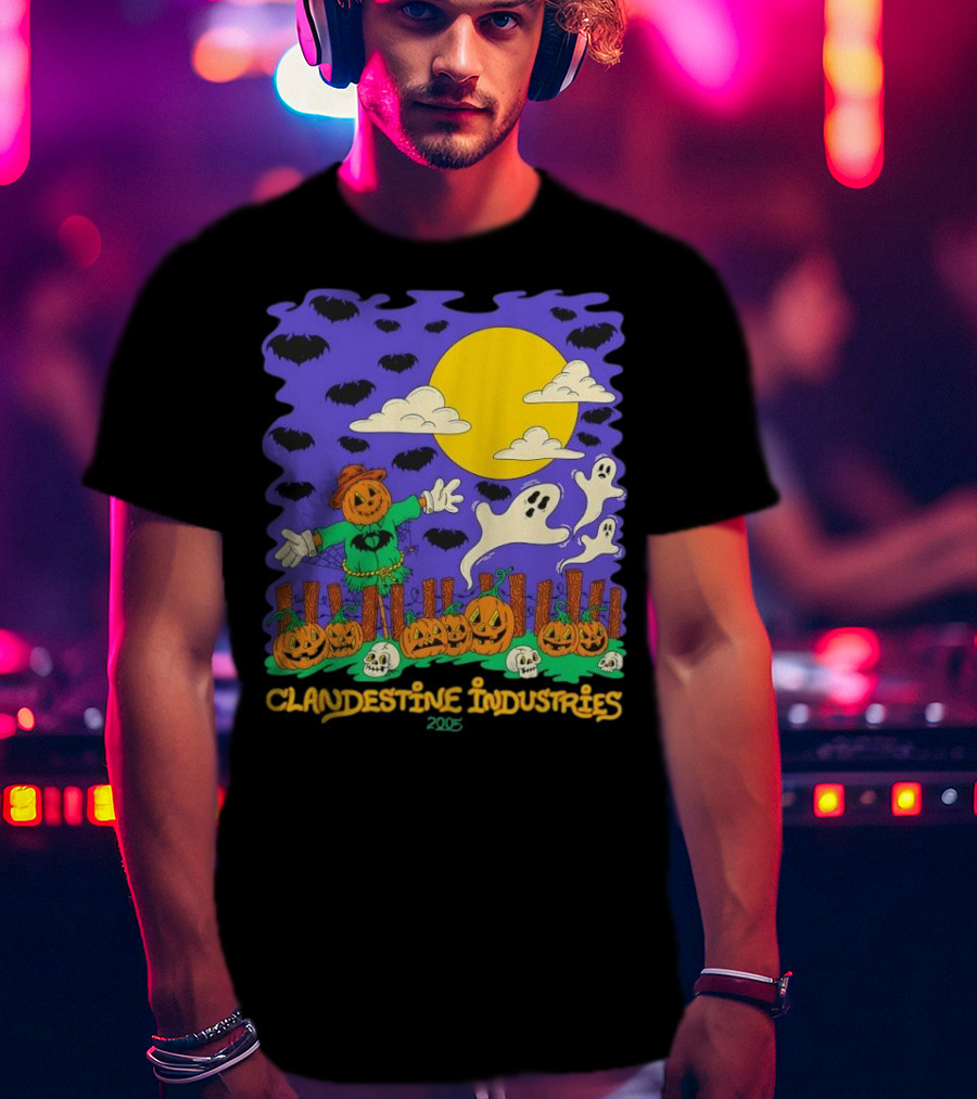 Clandestine Industries 2005 Halloween Scarecrow Ghosts Pumpkins Bats T-Shirt