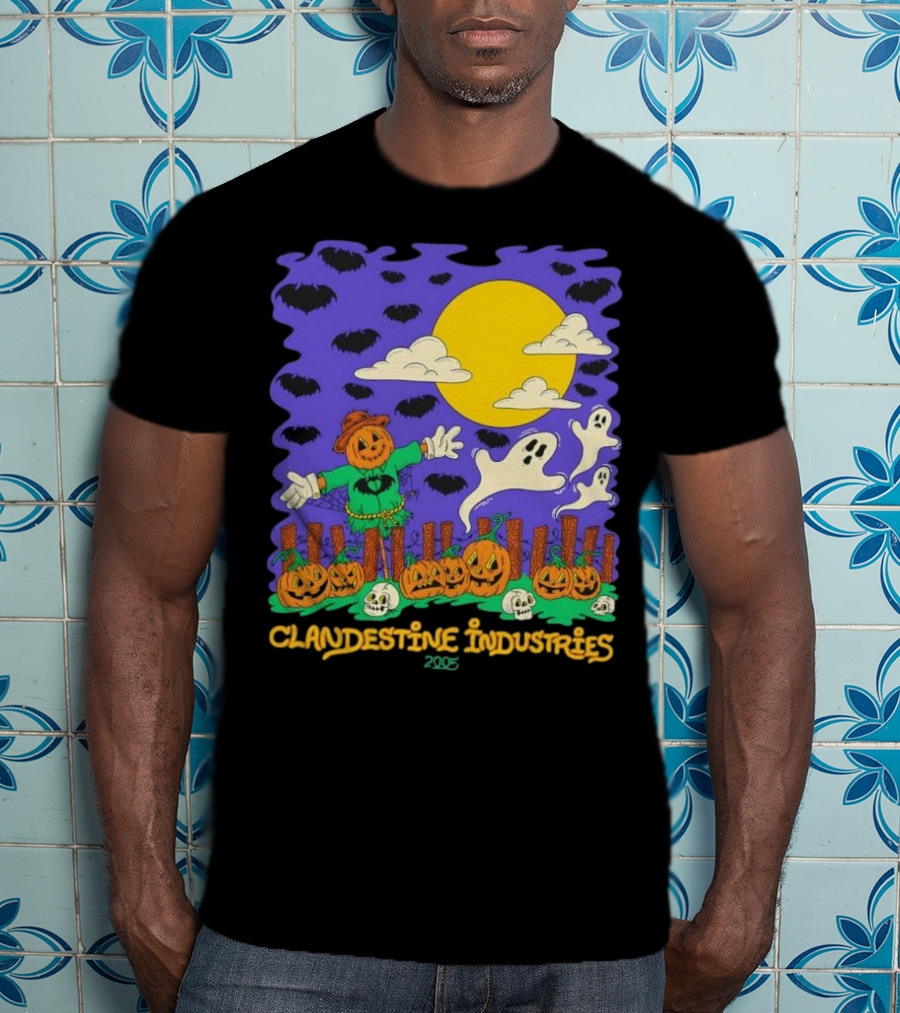 Clandestine Industries 2005 Halloween Scarecrow Ghosts Pumpkins Bats T-Shirt
