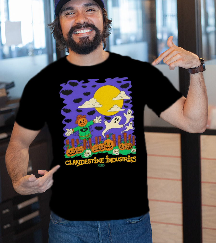 Clandestine Industries 2005 Halloween Scarecrow Ghosts Pumpkins Bats T-Shirt