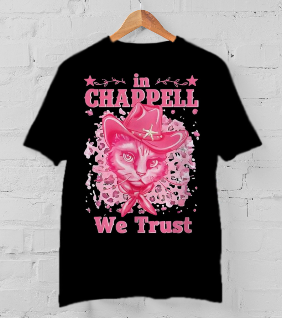 Cute Retro Cat In Chappell We Trust Cowboy Hat Pink Stars T-Shirt