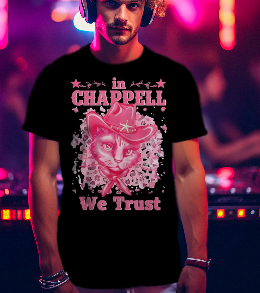 Cute Retro Cat In Chappell We Trust Cowboy Hat Pink Stars T-Shirt