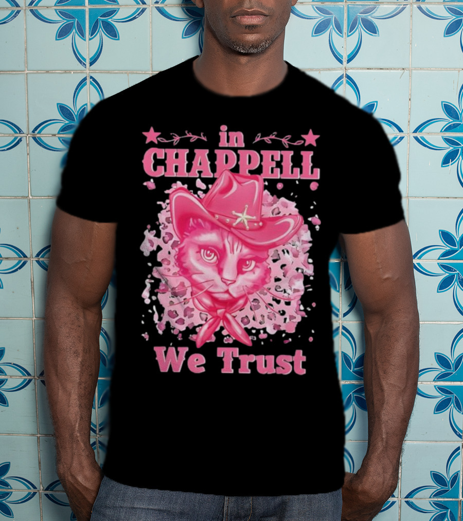 Cute Retro Cat In Chappell We Trust Cowboy Hat Pink Stars T-Shirt