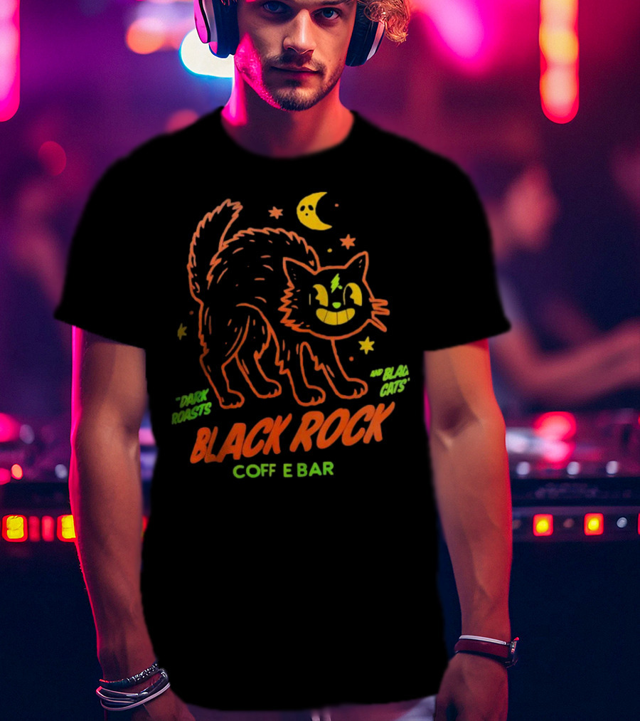 Dark Roasts Black Cats Black Rock Coffee Bar Moon And Stars T-Shirt