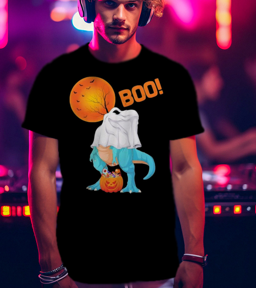 Ghost Dinosaur Rex Boo Halloween Pumpkin Boys Men T-Shirt