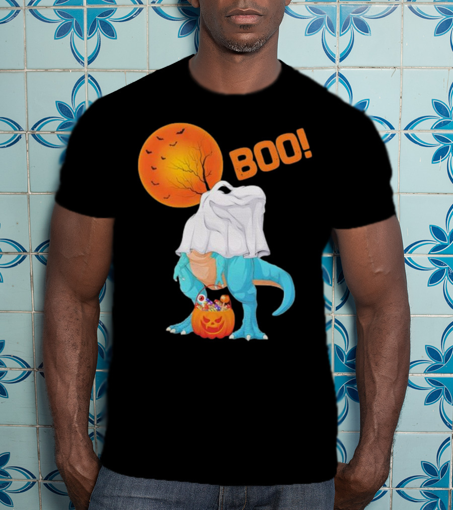 Ghost Dinosaur Rex Boo Halloween Pumpkin Boys Men T-Shirt